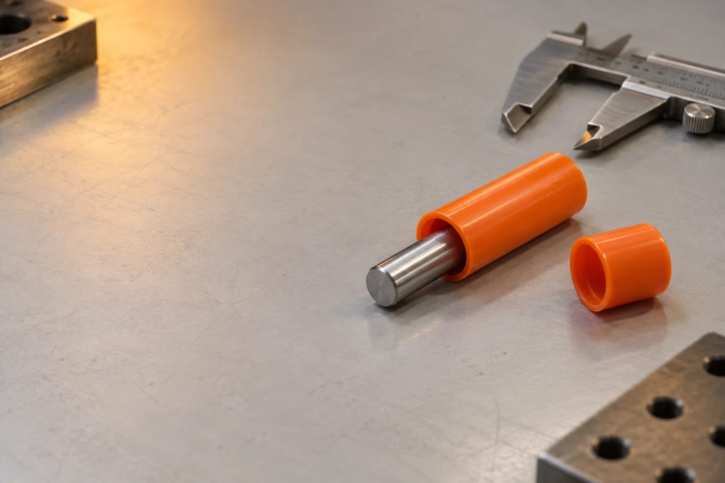 Machined metal cylinder lodged in a small orange tube on a precision workbench
