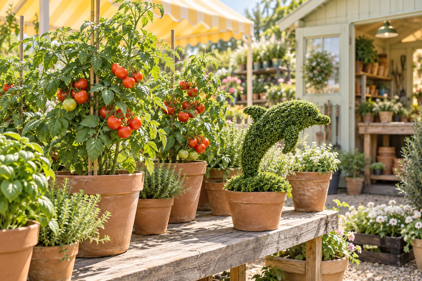 Ripe tomatoes and a small dolphin-shaped topiary on a sunlit nursery bench, with terracotta pots and a yellow awning.