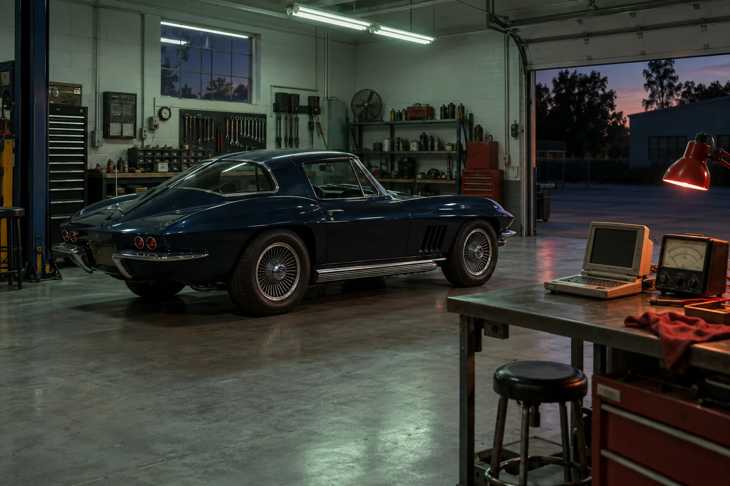 A vintage car in an independent auto workshop, surrounded by tools and service equipment