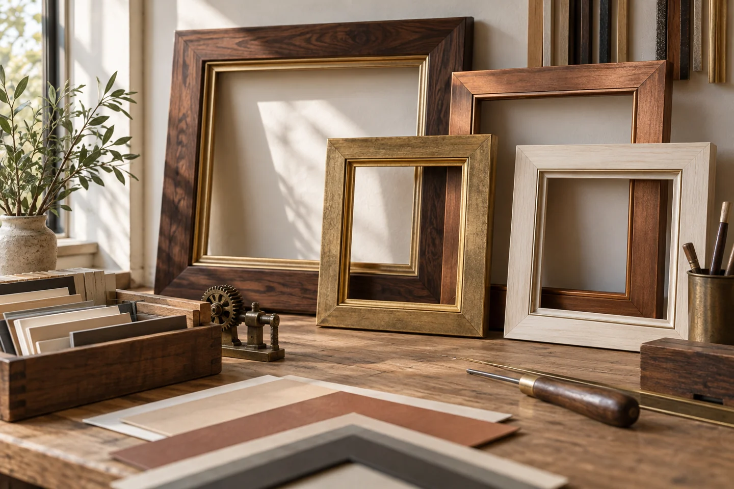 A warm framing studio with timber workbenches, brass tools and framed artwork leaning against the wall