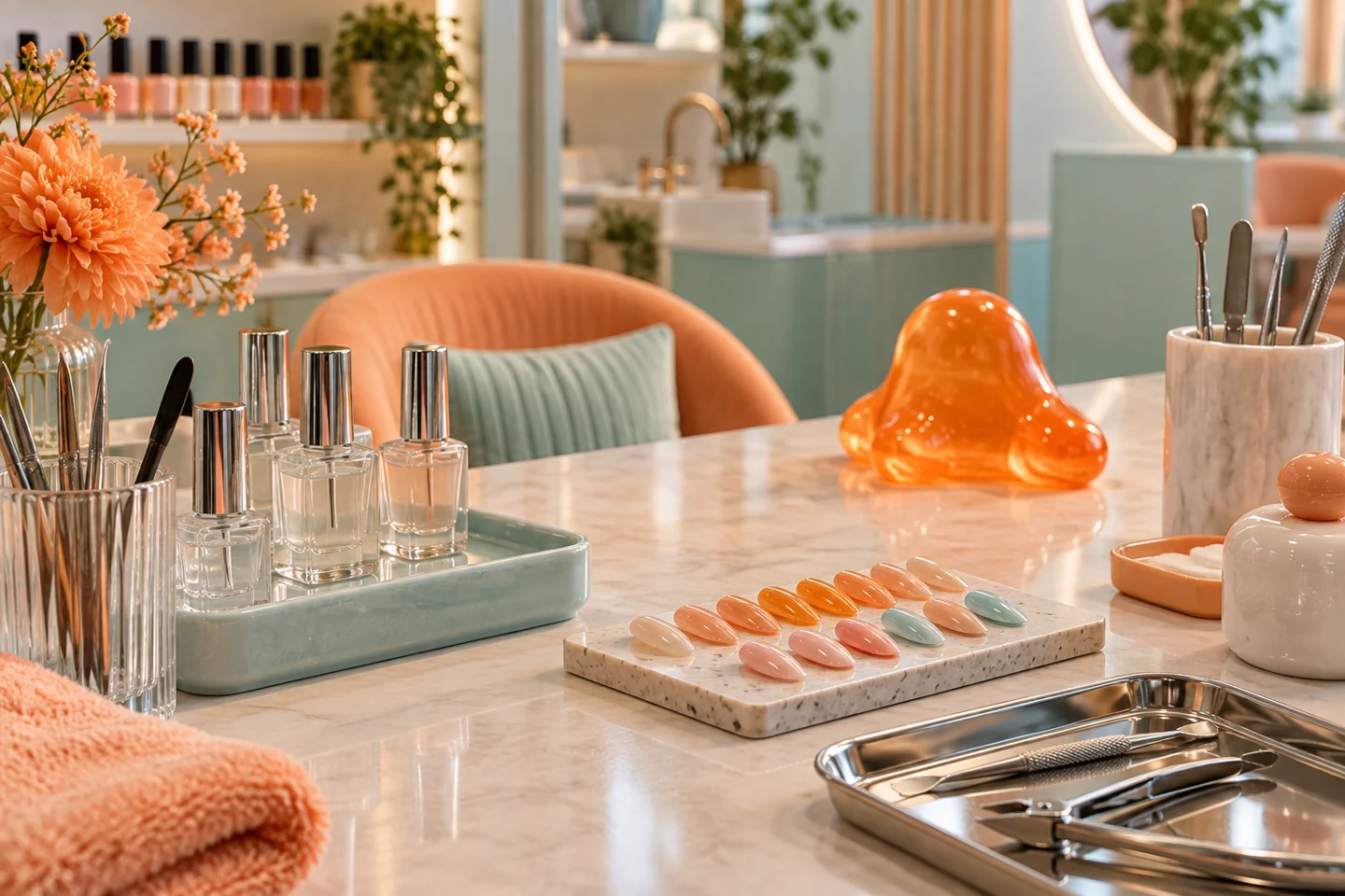 Orange nail polish, manicure tools and candy-colored salon details on a peach worktop