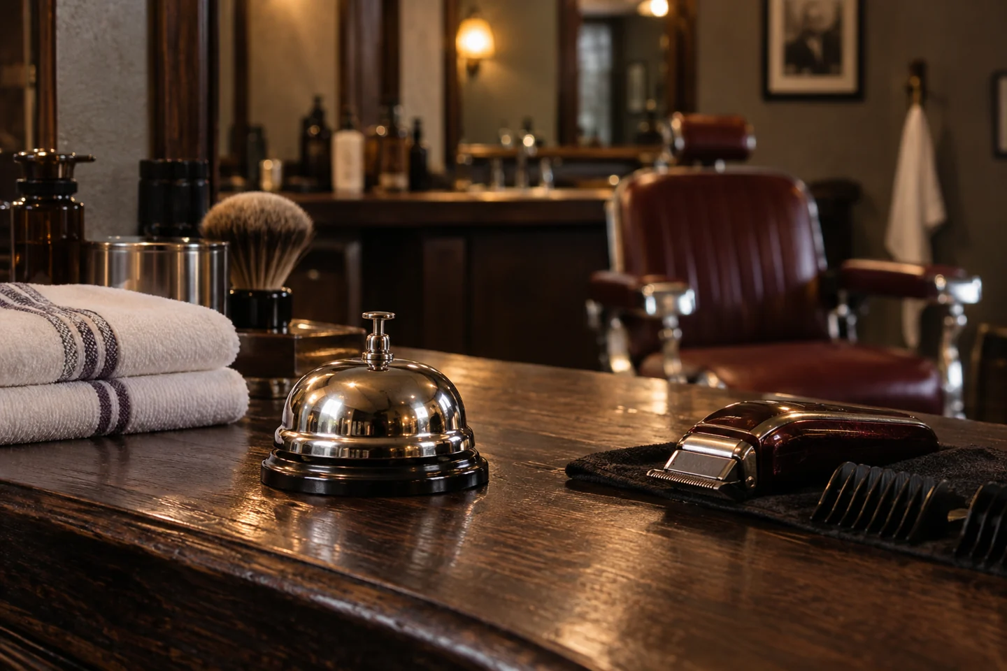 A silver handbell beside neatly folded towels in an oxblood and walnut barbershop
